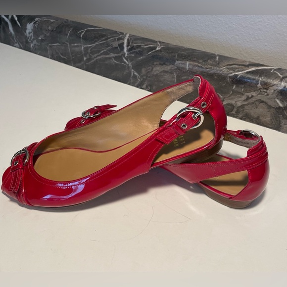 Stuart Weitzman Red Patent Leather Open Toe Chitchat Flats - Picture 3 of 6